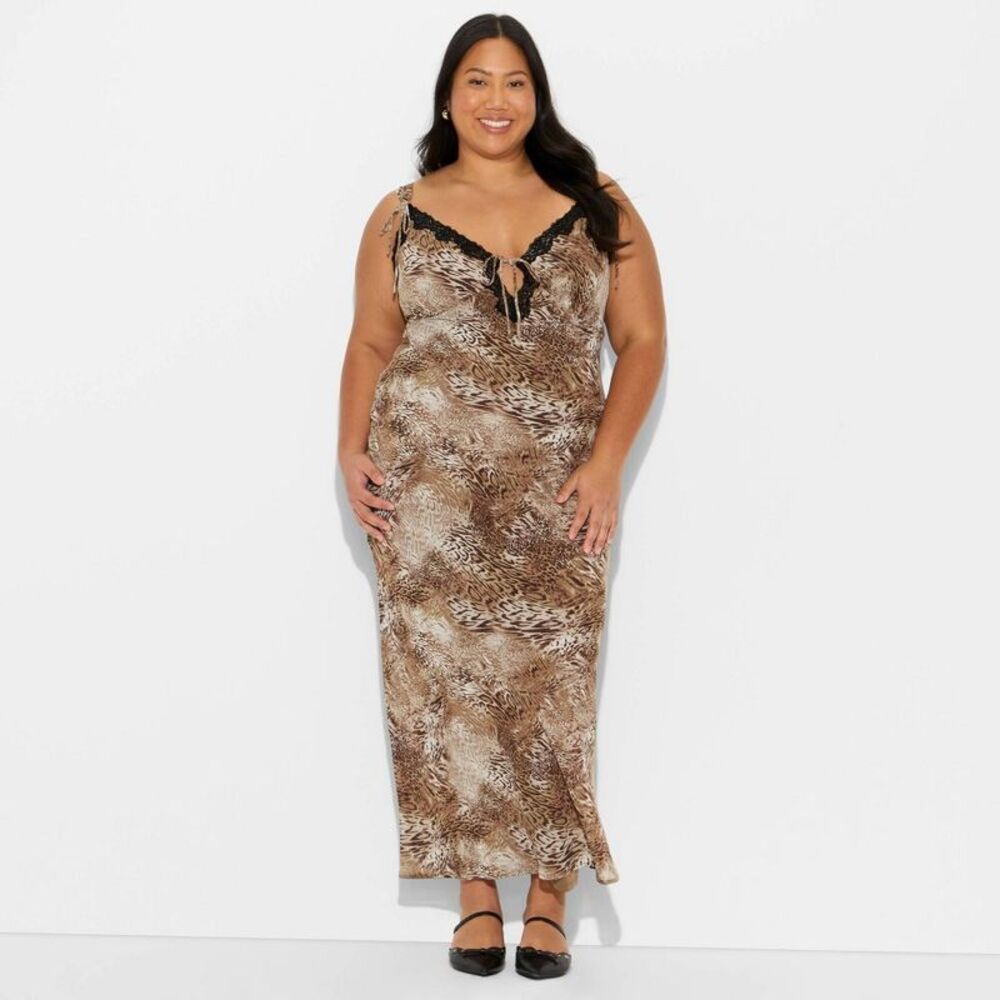 Women's Lace Trim Maxi Empire Waist Dress - Assorted Browns Leopard Spot 1X